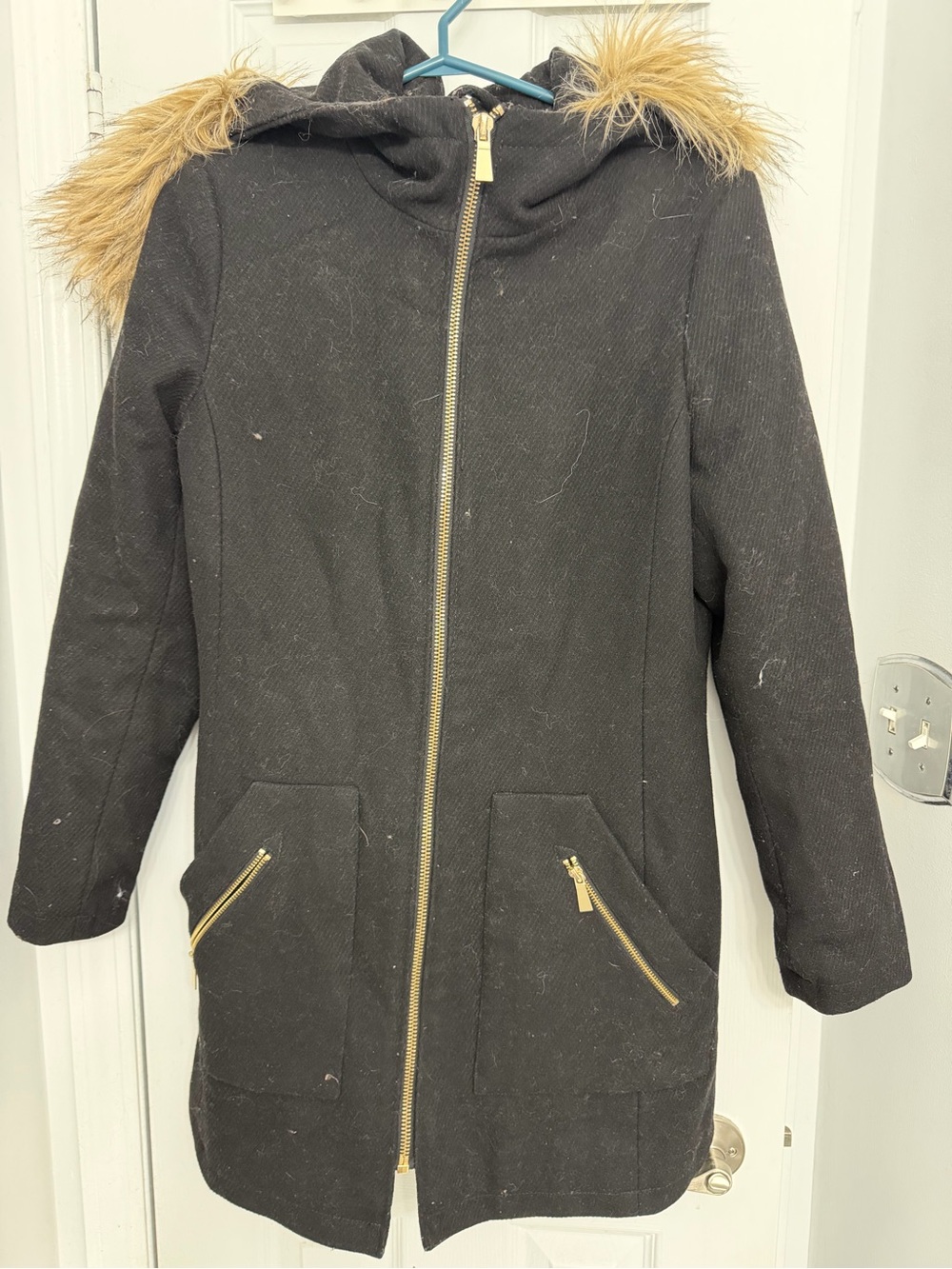 Dynamite Black Hooded Trench Coat with Faux Fur Trim